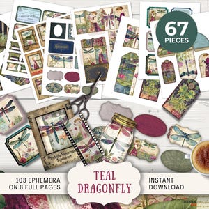 May include: A collection of teal dragonfly ephemera, including tags, labels, and decorative elements. The set includes 67 pieces and 103 ephemera on 8 full pages. The design features vintage illustrations and the words "Teal Dragonfly" and "Instant Download".