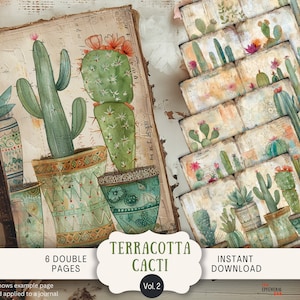Páginas de diario basura de cactus de terracota, 6 páginas de álbum de recortes digitales, diario imprimible de 11 x 8,5 pulgadas, efímeras, suculentas y cactus en macetas color canela