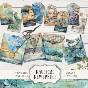 Nautisches Zeitungspapier Junk Journal Ephemera Tags und Umschläge, 4 Digital Junk Journal Printable Papier Handwerk Umschläge, 8 Tags blau Schiffe Ozean