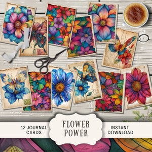 Cartes de journal Flower Power des années 70, 12 cartes de journal numérique indésirable, éphémères imprimables de journal, créations artisanales en papier chargé, fleurs hippie rétro lumineuses