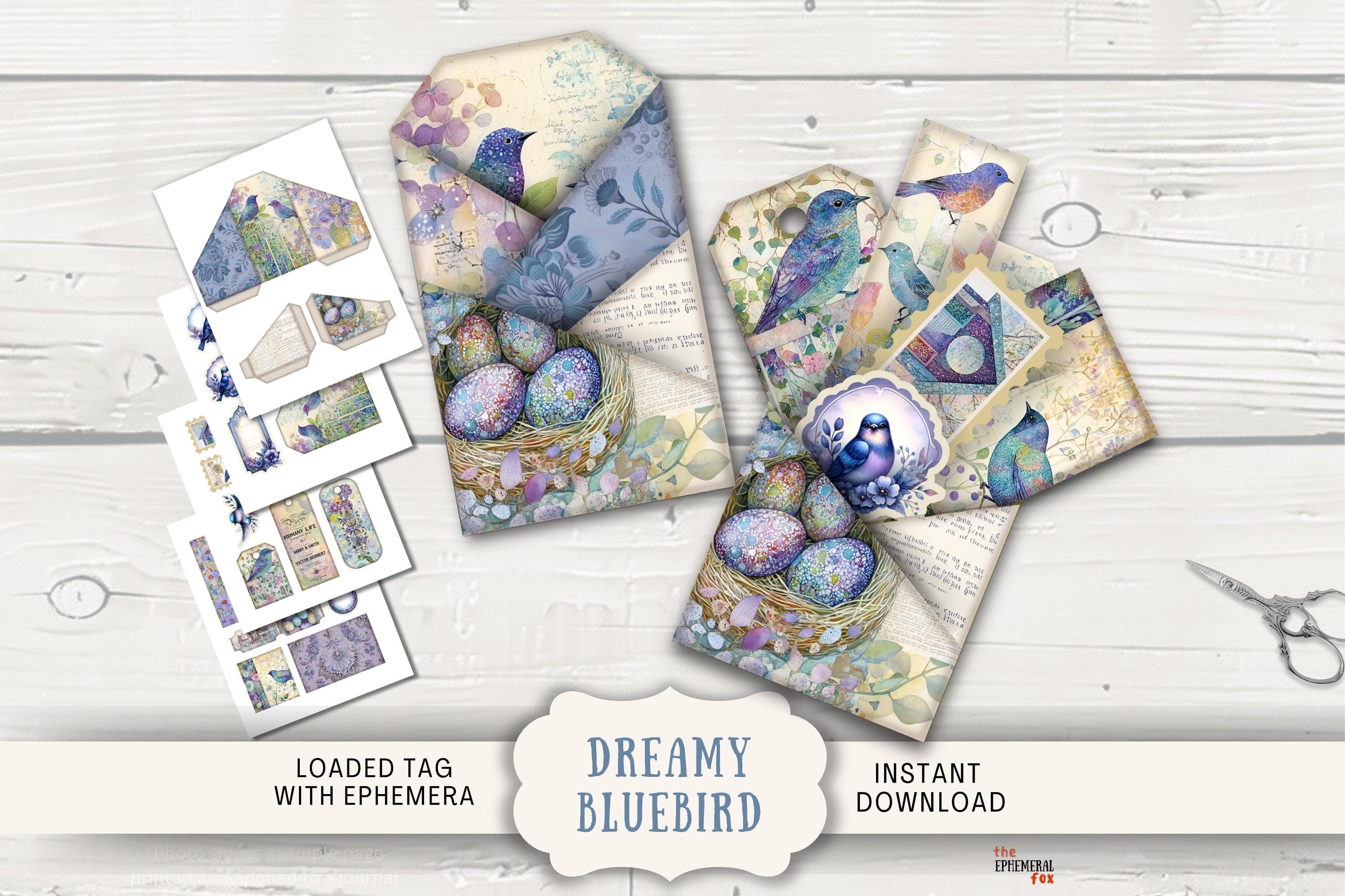 Dreamy Bluebird Loaded Tags Junk Journal Printable loaded pockets, ephemera tickets labels kit whimsical floral botanical blue bird BBRD