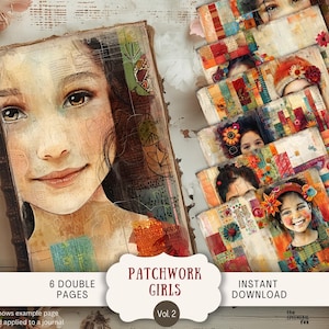 Páginas de diario de patchwork para chicas, 6 papeles digitales para álbumes de recortes, 28 x 21,5 cm, imprimibles, estilo shabby chic, bohemio, otoño, neutrales, chica caprichosa, PWGL