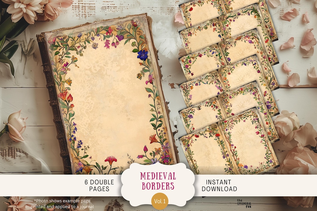 Floral Medieval Border Junk Journal Pages 6 Digital Scrapbook Papers 11 ...