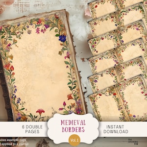 Floral Mittelalterliche Bordüre Junk Journal Seiten 6 Digitale Scrapbook Papiere 11 x 8,5" Art Printable Florentiner Italienische Illuminierte Handschrift MBFL