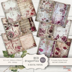 Papier indésirable libellule, volume 1, 6 pages de journal numérique indésirable, 11 x 8,5, kit imprimable rose rouge grunge papier kraft avec libellules