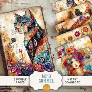 Boho Summer Junk Journal Pages 6 digitale plakboekpapieren 11 x 8,5" afdrukbare shabby chic hippie grillige bloemen heldere fantasie BHSP