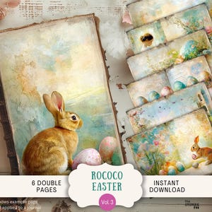 May include: Six double-sided digital scrapbook pages featuring a pastel color palette with images of bunnies, eggs, and flowers. The pages are designed in a vintage style with a distressed, textured background. The text "Rococo Easter Vol. 3" is displayed at the bottom of the image.