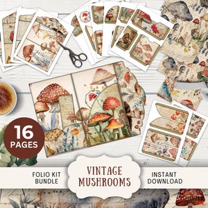 Feldpilz Junk Journal Folio, 16 Digital Mix und Match Seiten und Taschen, 11 x 8,5 "Digital Printables, Ephemera Shabby Chic Fliegenpilz