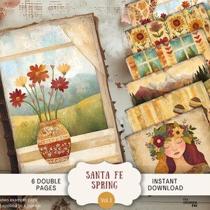 Santa Fe Spring Junk Journal Pages 6 papiers de scrapbooking numérique 11 x 8,5" Art imprimable Sol Patchwork Mexique désert Boho rustique sud-ouest PWSP