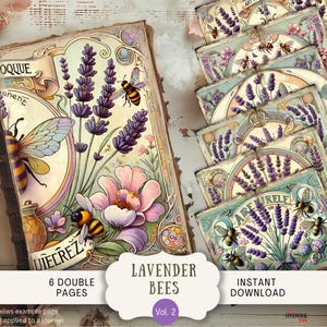 Pagine di diario Lavender Bee Junk, stile etichetta vintage, 6 pagine di album digitali, 11 x 8,5" carte stampabili artistiche, api viola pastello