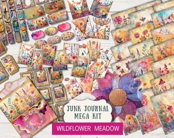 Wildflower Meadow BUNDLE Junk Journal Kit Printable Papers Tags Tickets envelopes mini-cards film labels & tabs trifold folio mega pink WFME