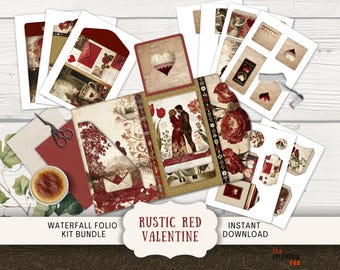 May include: A digital scrapbooking kit with a rustic red and white color scheme. The kit includes a variety of elements, such as papers, embellishments, and a waterfall folio. The kit is perfect for creating Valentine's Day cards, scrapbook pages, and other crafts.