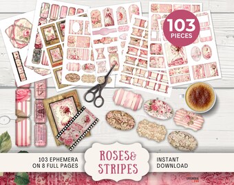 Vintage Roses and Stripes Junk Journal Ephemera Kit- Tags Tickets Mini-envelopes, mini-cards labels film strips frames & tabs pink ROST
