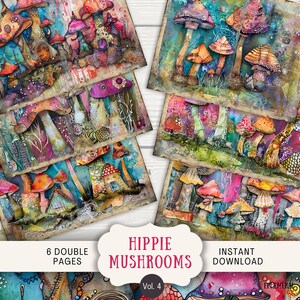 Pages de journal indésirable aux champignons hippies, 6 pages de scrapbooking numérique, 11 x 8,5 po., Journal éphémère imprimable d'art, champignon vénéneux psychédélique groovy des années 70