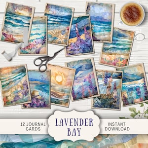 Cartes de journal de plage Lavender Bay, 12 cartes de journal numérique indésirable, journal imprimable éphémère, patchwork côtier vintage artisanal en papier, océan
