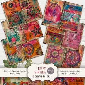Páginas de diario basura hippie vintage, 6 páginas de álbum de recortes digitales de 11 x 8,5 pulgadas, papel efímero para manualidades, estilo hippie retro, fresco y vibrante de los años 60
