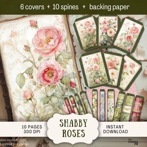 Peut inclure: Kit de scrapbooking numérique avec une esthétique vintage. L'image montre une couverture de journal avec des roses roses, ainsi que des couvertures, des dos et du papier de fond assortis. Le texte indique "Shabby Roses" et "Téléchargement instantané."