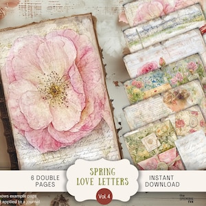 Cartas de amor de primavera Junk Journal Pages 6 papéis de scrapbook digital 11 x 8,5" Arte para impressão Soft Pastel Dia dos Namorados Flores Vintage LLWP