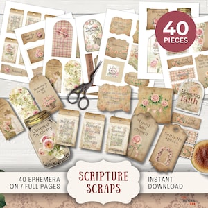 Frammenti di Scrittura Shabby Roses, Effimeri di Fede Stampabili per Diari di Rifiuti, Devozionali Cristiani, Carta Vintage con Versetti della Bibbia Rosa Floreale SHRS