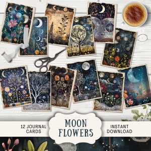 Cartes de journal fleur de lune, 12 cartes numériques de journal indésirable, journal imprimable éphémère, journal d'art sorcier déesse de la lune vintage artisanal