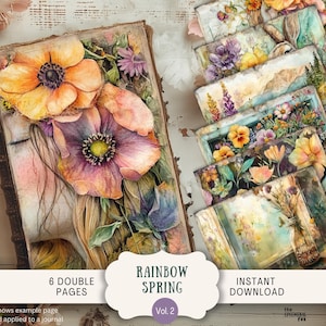 Pages de journal indésirable de printemps arc-en-ciel 6 papiers de scrapbooking numérique 11 x 8,5 po. Art imprimable or fantaisiste fleurs Floral pastel coloré rose RBSP