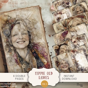 Páginas de diario basura de anciana hippie, 6 páginas de papel para álbum de recortes digital, 11 x 8,5 pulgadas, para imprimir con arte, divertida, anciana, abuela, bruja, sabia, bohemia y shabby VHLZ