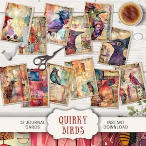 Cartes de journal oiseaux originaux, 12 cartes de journal numérique indésirable, journal imprimable éphémères papier artisanal patchwork vintage techniques mixtes drôle QIBR