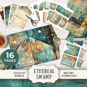 Ethereal Swamp Junk Journal Folio, 16 Digital Mix and Match Seiten und Taschen 11 x 8,5 "Digital Printables mystischer Teich Trifold Folio