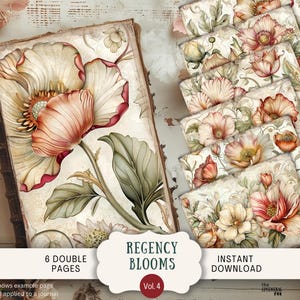Regency Florals Junk Journal Seiten 6 Digitales Scrapbook Papier 11 x 8,5" Art Printable Rokoko Blumen, Neutral Boho Shabby Chic Blumen REBL