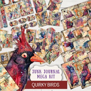 May include: A digital collage kit for junk journals featuring whimsical watercolor illustrations of birds in various colors and patterns. The kit includes tags, papers, and other embellishments. The text "Junk Journal Mega Kit Quirky Birds" is displayed on the image.