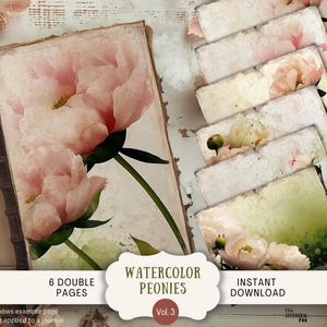 Páginas de diario de peonías, 6 papeles para álbumes de recortes digitales, 11 x 8,5 pulgadas, para imprimir en acuarela, pastel, tinta con alcohol, flores rosas, FRPE floral de ensueño