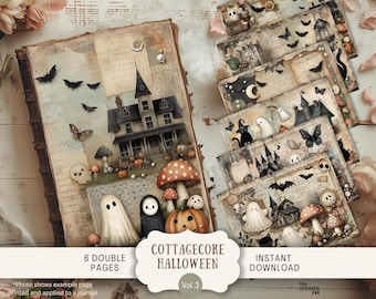 Könnte beinhalten: Ein Vintage-Journal und dekorative Karten mit einem Cottagecore-Halloween-Thema. Das Journal zeigt ein Spukhaus, Fledermäuse und Kürbisse. Die Karten zeigen Geister, Hexen und andere gruselige Elemente. Der Text lautet "Cottagecore Halloween Vol. 3".