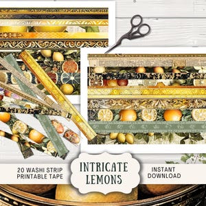 Può includere: Strisce di nastro washi stampabili con disegni di limoni e frutta. L'immagine include due stampe artistiche con bordi decorativi e varie strisce di nastro washi. Il testo sull'immagine dice "Intricate Lemons" e "Instant Download".