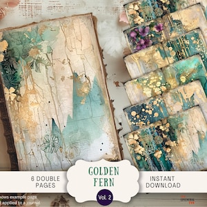 Pages de journal abstraites fougères dorées, 6 pages de scrapbooking numérique, 11 x 8,5 po. Journal imprimable Art Ephemera Lux feuille bleu sarcelle et vert forêt GOFE