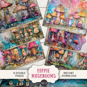 Pages de journal indésirable aux champignons hippies, 6 pages de scrapbooking numérique, 11 x 8,5 po., Journal éphémère imprimable d'art, champignon vénéneux psychédélique groovy des années 70