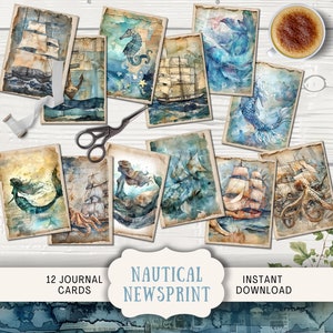 Cartes de visite en papier journal nautique, 12 cartes de journal numérique indésirable, journal imprimable éphémère, artisanat en papier voiliers et bateaux vintage