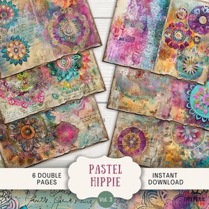 Pastel mandala hippie ongewenste dagboekpagina's, 6 digitale plakboekpagina's 11 x 8,5" kunst afdrukbare dagboek kortstondige vintage batikkunst dagboek HIMA3