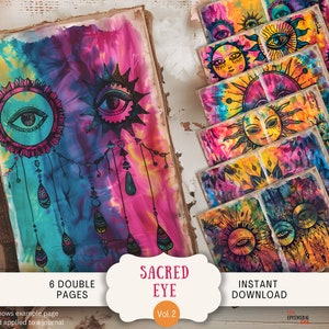 Op de afbeelding: Zes dubbele pagina's met kleurrijke tie-dye achtergronden met handgetekend illustraties van ogen en zonnen. De tekst "SACRED EYE Vol. 2" is onderaan de afbeelding gedrukt. De afbeelding is gelabeld met "INSTANT DOWNLOAD".