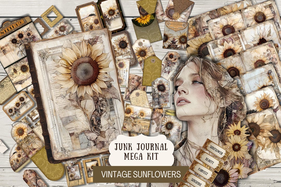 Vintage Sunflower BUNDLE Junk Journal Kit Printable Papers Tags Tickets ...