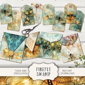 Firefly Swamp Junk Journal Ephemera Tags und Umschläge, 4 Digital Junk Journal Printable Paper Craft Umschläge, 8 Tags und Umschläge, Pond River Bayou