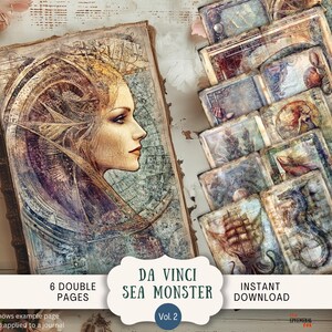 Peut inclure: Un journal de style ancien avec un portrait de femme sur la couverture, à côté d'une pile de pages illustrées. Le journal est intitulé "Da Vinci Sea Monster Vol. 2" et comprend le texte "6 Double Pages" et "Instant Download".