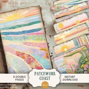 May include: A journal with a patchwork coast design, featuring a sunrise over the ocean. The image includes several pages with similar coastal art, and the text "PATCHWORK COAST Vol. 3" and "6 DOUBLE PAGES".