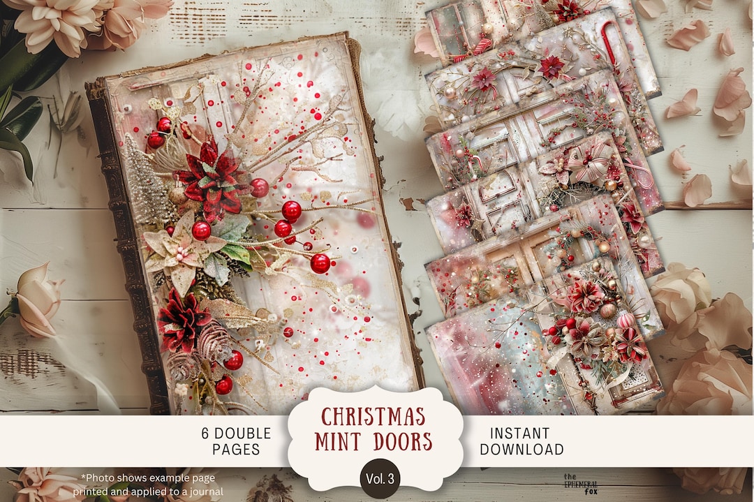 Peppermint Christmas Door Junk Journal Pages 6 Digital Scrapbook Papers ...