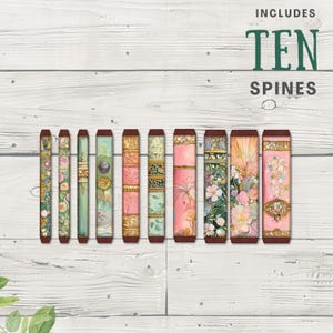 a collection of colorful, decorative spines or bookends arranged on a wooden surface.