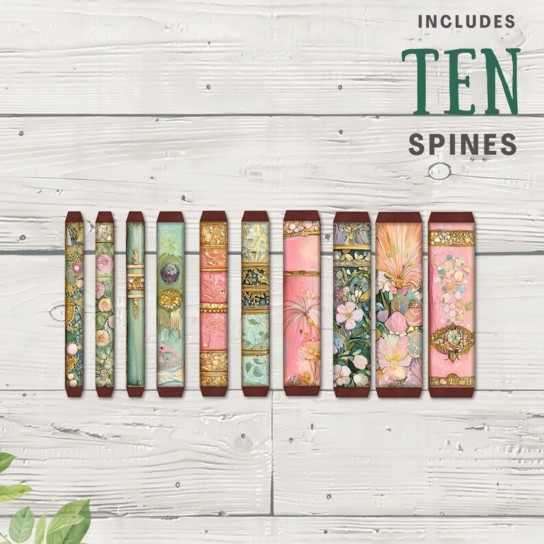 a collection of colorful, decorative spines or bookends arranged on a wooden surface.