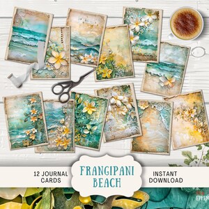 Cartes de journal Frangipani Beach, 12 cartes de journal numérique indésirable, journal imprimable éphémère, dentelle de collage de fleurs jaunes vintage en papier artisanal