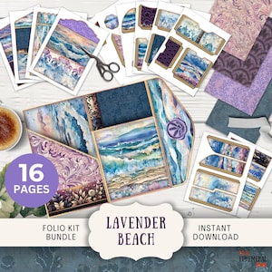 Kit folio de journal indésirable Lavender Beach, 16 pages numériques à agencer et à agencer et pochettes 11 x 8,5 po. Imprimable à trois volets vagues aquarelle côtière BEAC