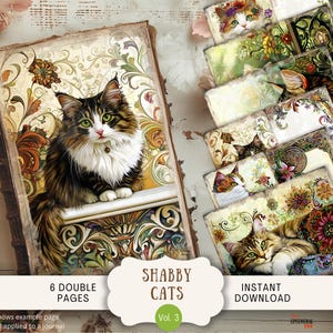 Pages de journal indésirable Shabby Cats 6 Pages de scrapbooking numérique 11 x 8,5" Art imprimable numérique papier Boho Boho Cat rétro Shabby Chic SGCT