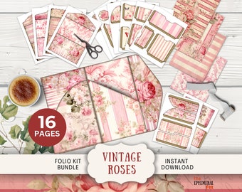 Vintage Roses Junk Journal Folio 16 digitale mix- en matchpagina's en zakken 11 x 8,5 inch digitale printables roze strepen en driebladige bloemen ROST