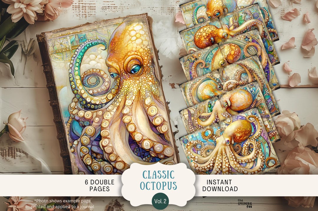 Octopus Junk Journal Pages 6 Digital Scrapbook Paper 11 X 8.5